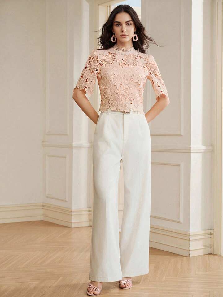 CM-TS151410 Women Elegant Seoul Style Collar Lace Cropped Floral Hollow Out Petal Sleeve Top - Pink