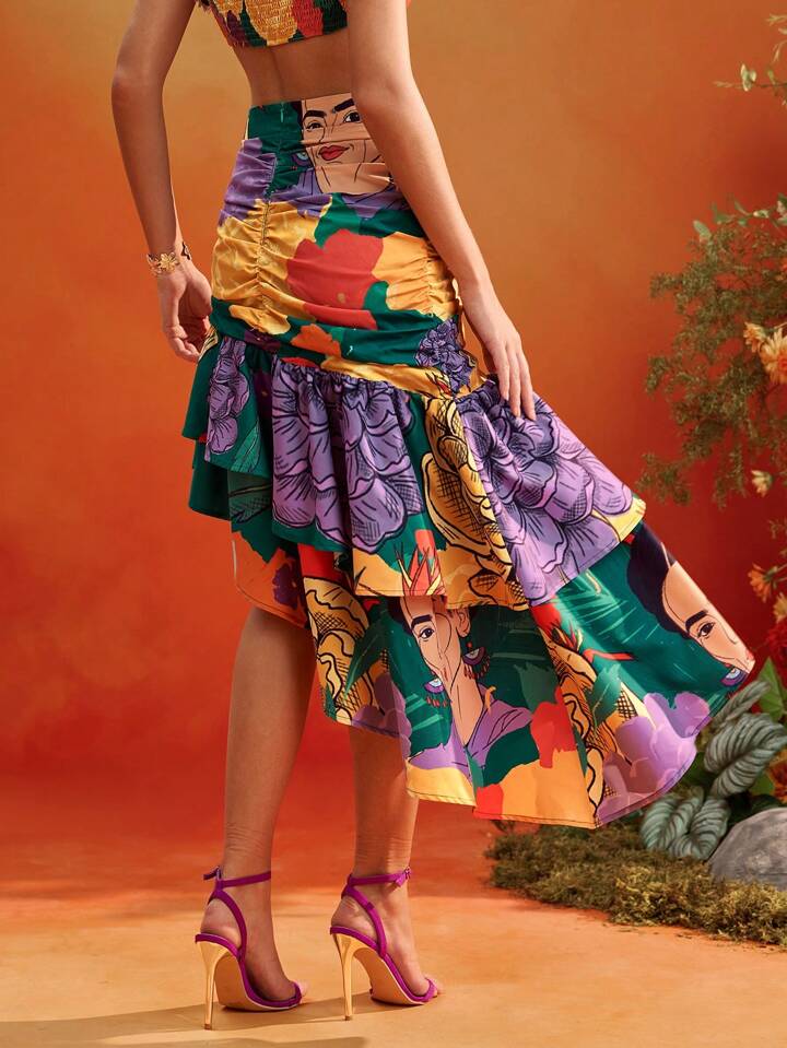 CM-BS361862 Women Elegant Seoul Style Floral Print High Waist Ruffles Layered Ruched Asymmetrical Skirt