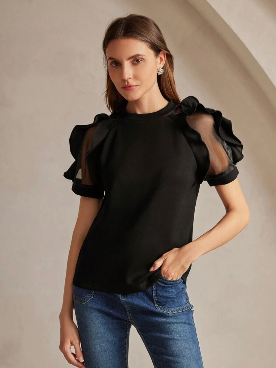 CM-TS001747 Women Elegant Seoul Style Round Neck Ruffle Trim Fitted Short Sleeve T-Shirt - Black