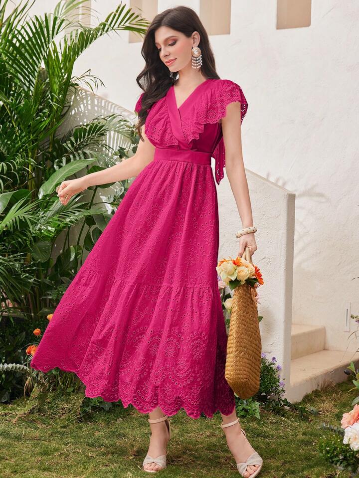 CM-DS312270 Women Trendy Bohemian Style V-Neck Short Sleeve A-Line Maxi Dress - Hot Pink