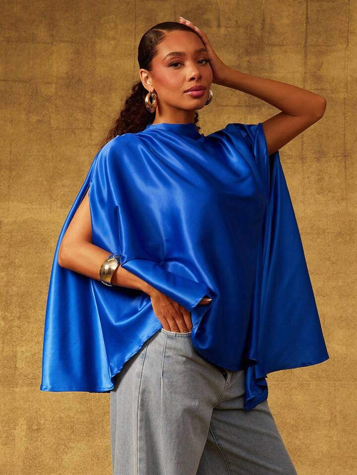CM-TS529165 Women Elegant Seoul Style Stand Collar Sleeveless Satin Draped Asymmetrical Hem Cape Top - Blue
