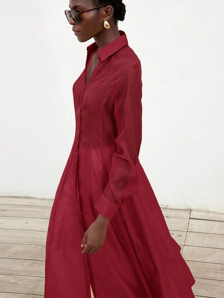 CM-TS883153 Women Casual Seoul Style Translucent Textured V-Neck Long Sleeve Gathered Waist Shirtdress - Red