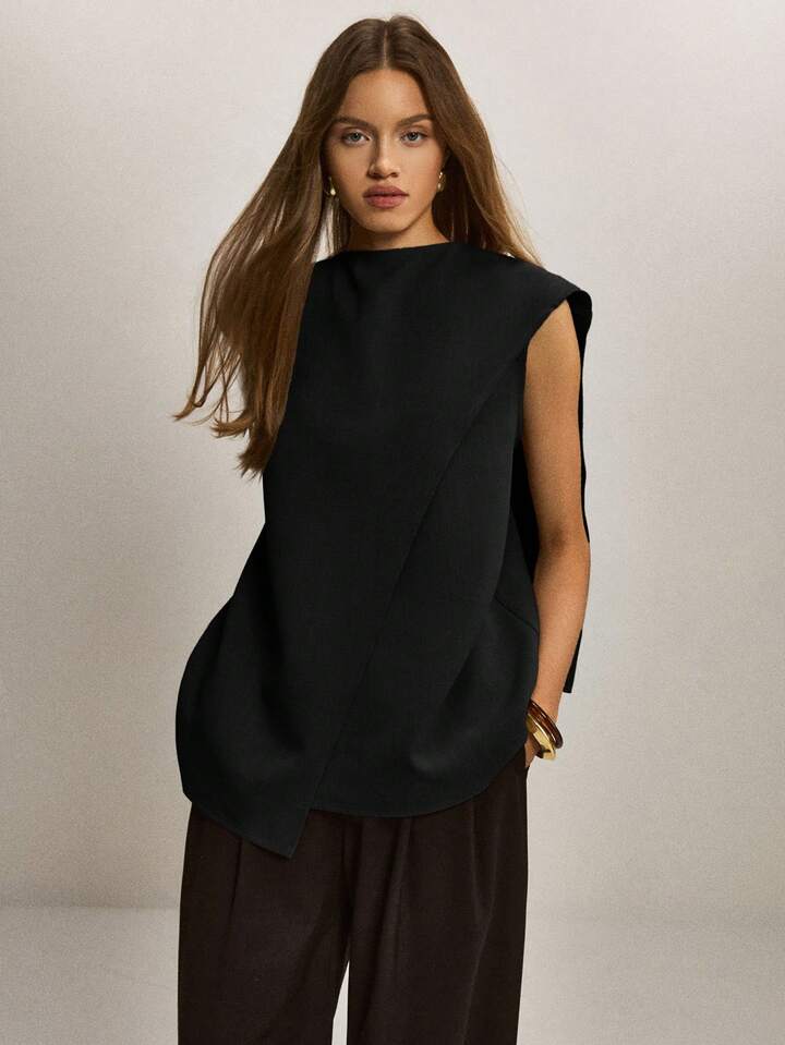 CM-TS065879 Women Elegant Seoul Style Stand Collar Sleeveless Asymmetric Hem Loose Blouse - Black