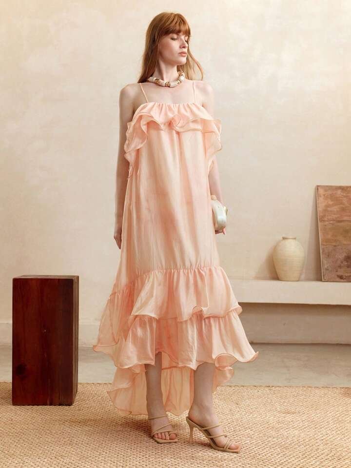 CM-DS766988 Women Trendy Bohemian Styel Oganza Tie-Dye Ombre Off-The-Shoulder Ruffle Hem Camisole Maxi Dress