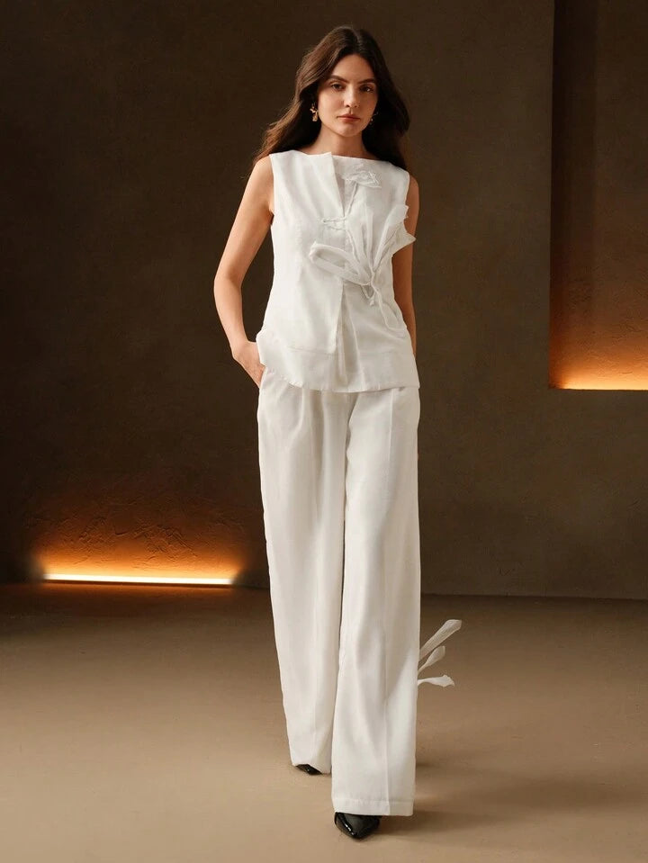 CM-TS269690 Women Elegant Seoul Style Fitted 3D Floral Design Boat Neck Sleeveless Top - White