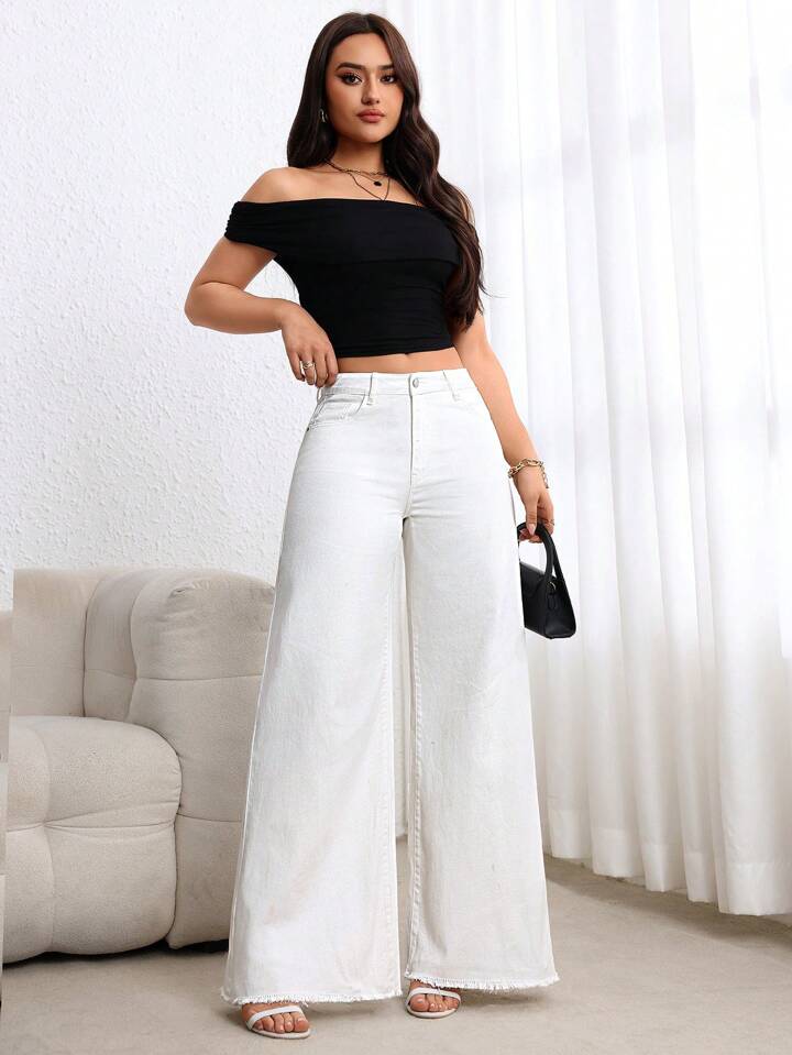 CM-BS881191 Women Casual Seoul Style Loose Pocketed Extra Long Wide Leg Denim Jeans - White