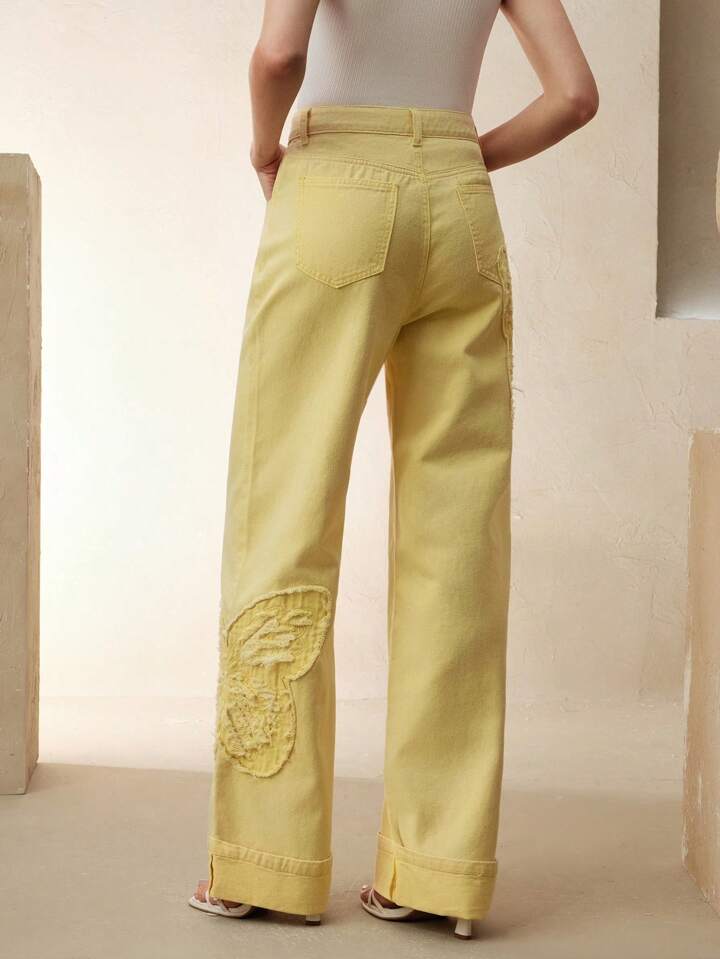 CM-BS227651 Women Casual Seoul Style Mid Waist Embroidered Straight Leg Jeans - Yellow