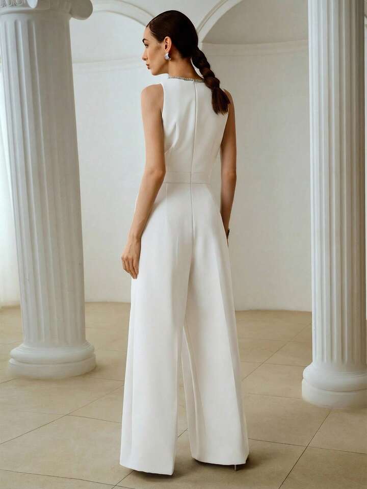 CM-JS101498 Women Elegant Seoul Style Rounnd Neck Rhinestone Decor Sleeveless Jumpsuit - White