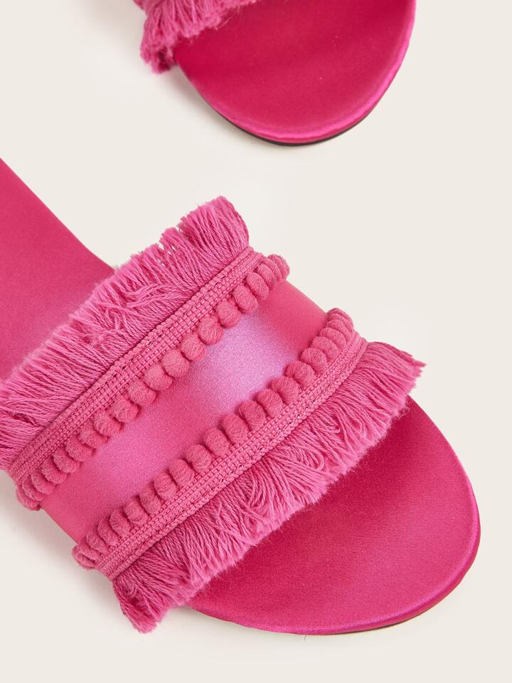 CM-SHS568444 Women Trendy Seoul Style Fringe Decor Plain Satin Open Toe Slide Sandals - Pink