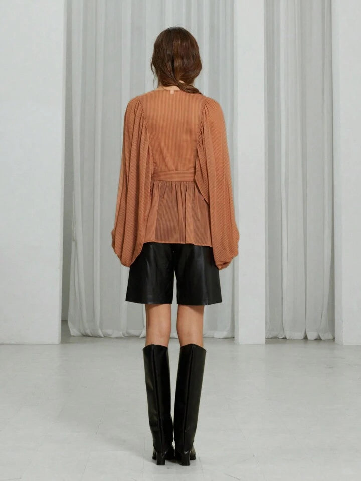 CM-TS827917 Women Elegant Seoul Style Striped Print Round Neck Sheer Belted Long Sleeve Blouse