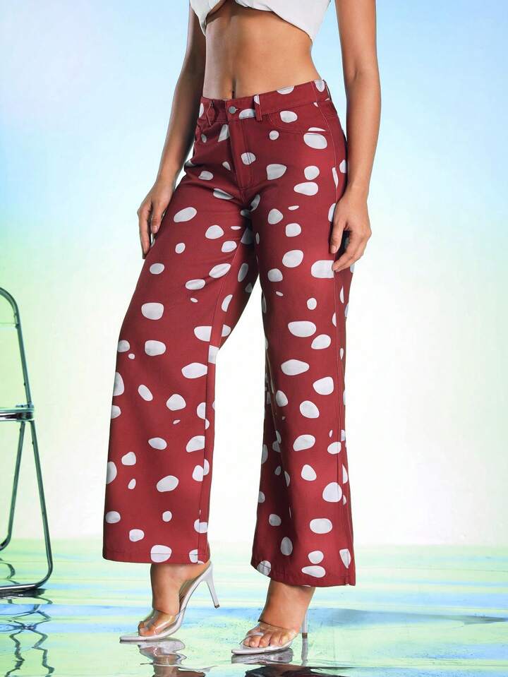 CM-BS490737 Women Casual Seoul Style Drop Waist Polka Dot Print Wide Leg Pants - Red