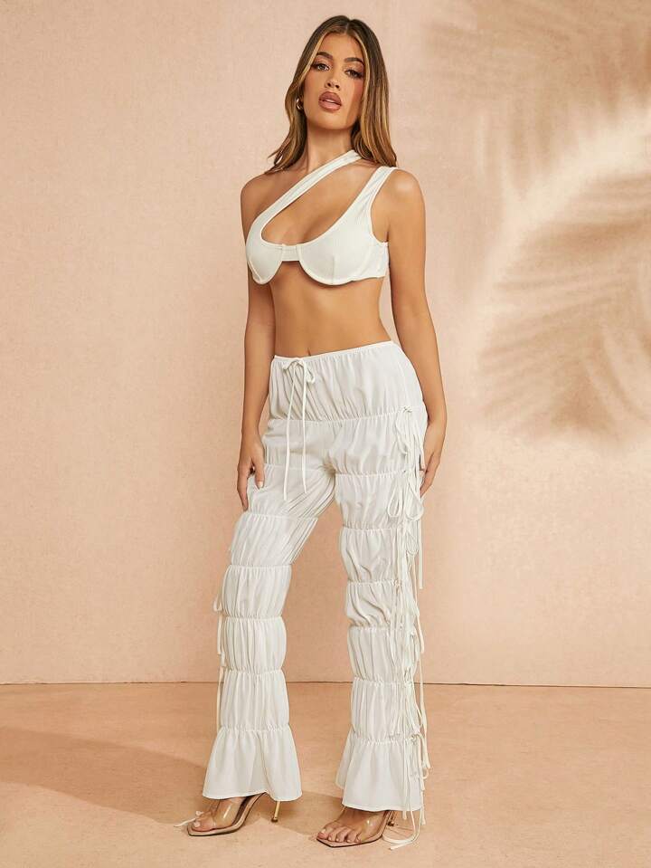 CM-BS547994 Women Casual Seoul Style Ruched Drawstring Waist Tiered Pants - White