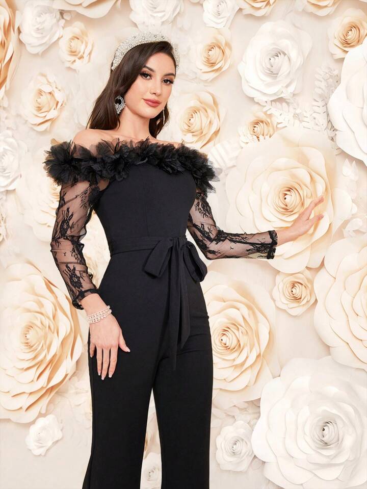 CM-JS463843 Women Elegant Seoul Style Lace Spliced One Shoulder Long Sleeve Jumpsuit - Black