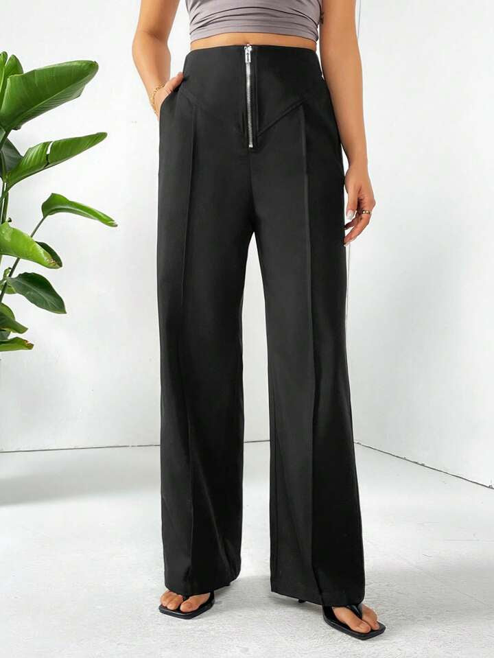 CM-BS795955 Women Casual Seoul Style Zipper Closure Straight-Leg Pants - Black