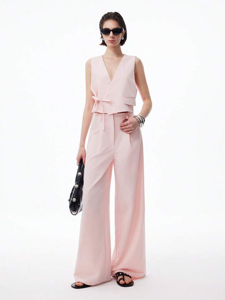 CM-SS262320 Women Casual Seoul Style V-Neck Sleeveless Tie-Waist Asymmetric Placket Vest With Wide-Leg Pants - Set