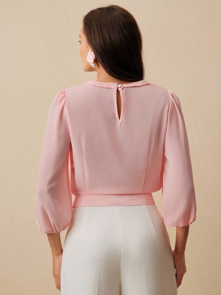 CM-TS771066 Women Elegant Seoul Style Cable Knit Round Neck Pleated Lantern Sleeve Slim Fit Blouse - Pink
