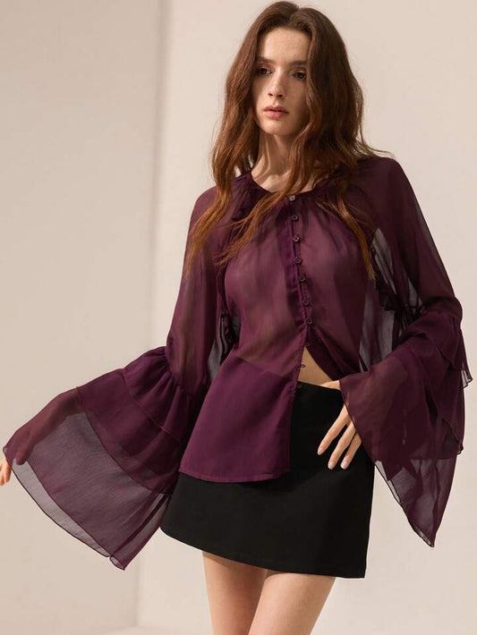 CM-TS850216 Women Elegant Seoul Style Chiffon Crinkle Round Neck Button Front Layered Ruffled Long Sleeve Blouse