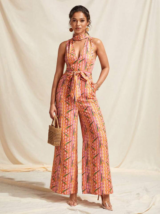 CM-JS904003 Women Casual Seoul Style Sleeveless Printed Waist Belt Slim Fit Jumpsuit