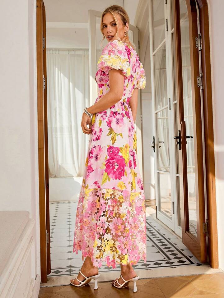 CM-DS161110 Women Trendy Bohemian Style V-Neck Short Sleeve Floral Print Lace Patchwork Dress