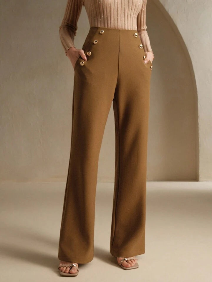CM-BS159857 Women Elegant Seoul Style Metal Buckle Decor Slim Fit Flare Pants - Brown