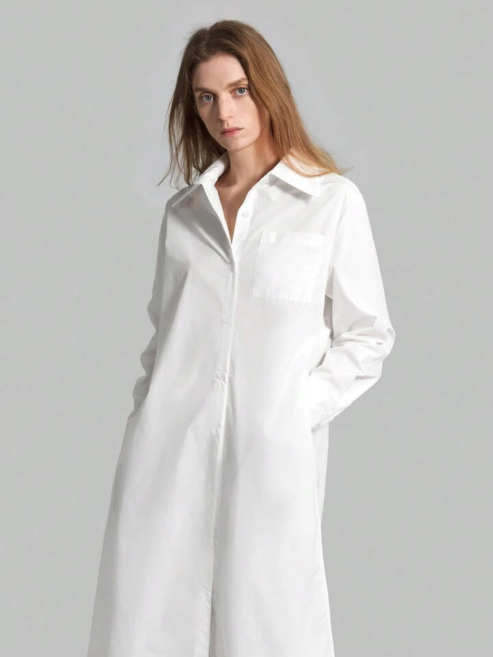 CM-TS859922 Women Casual Seoul Style Shirt Collar Long Sleeve Front Button High Slit Long Shirt - White
