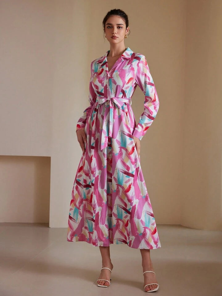 CM-DS442002 Women Casual Seoul Style Printed Turn-Down Collar Cinched Waist Waist Long Sleeve Dress
