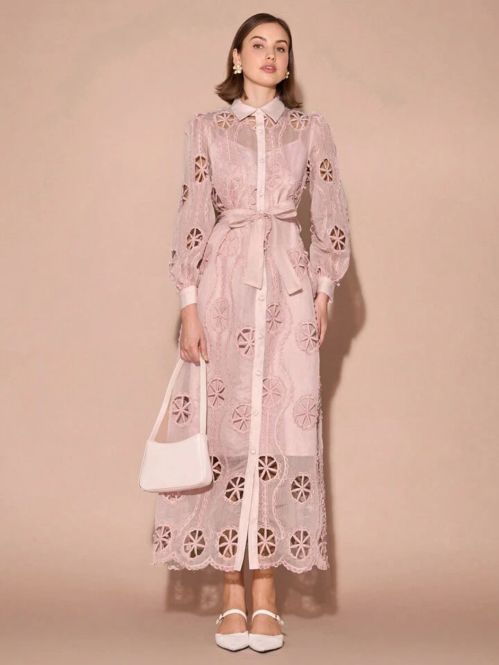 CM-DS831119 Women Elegant Seoul Style Collar Neckline Hollow-Out Embroidered Long Sleeve Maxi Dress - Pink