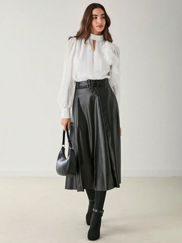 CM-TS119112 Women Elegant Seoul Style Stand Collar Long Sleeve Ruffle Trim 3D Floral Blouse - White