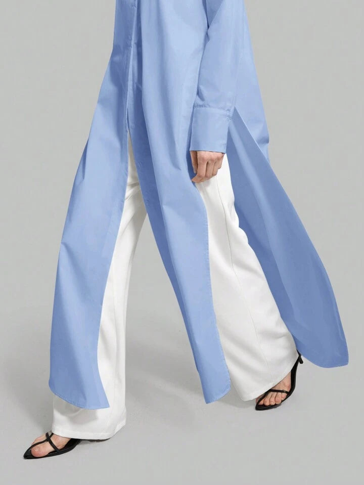 CM-TS815753 Women Casual Seoul Style Shirt Collar Long Sleeve Front Button High Slit Long Shirt - Blue