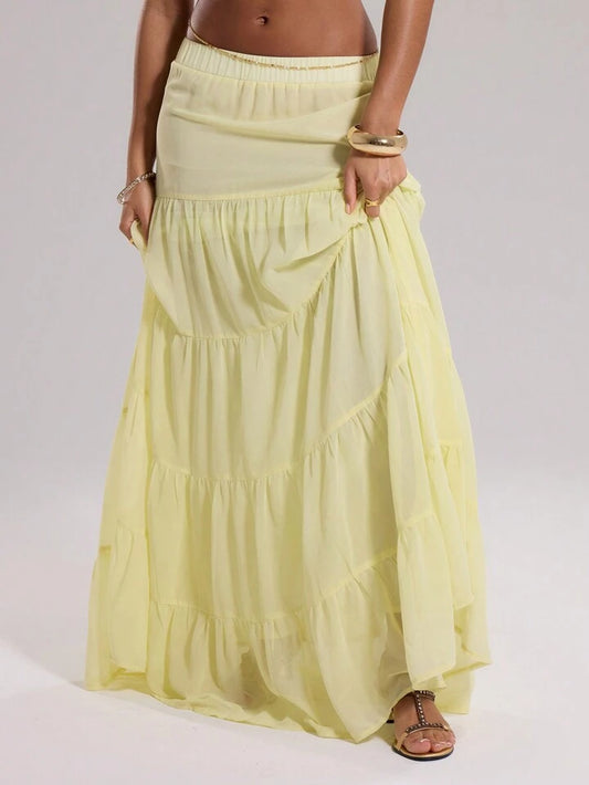 CM-BS411144 Women Trendy Bohemian Style Chiffon Layered Tiered Loose Maxi Skirt - Yellow