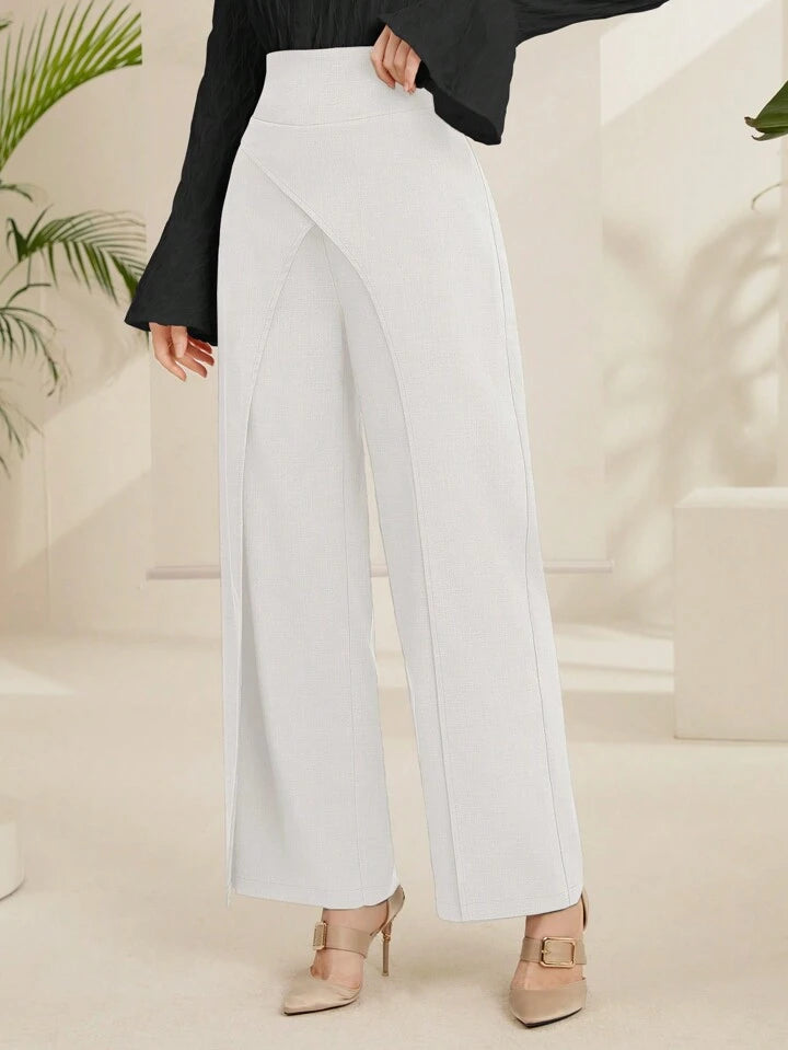 CM-BS156158 Women Casual Seoul Style Irregular Cut Solid Color Wide Leg Pants - White