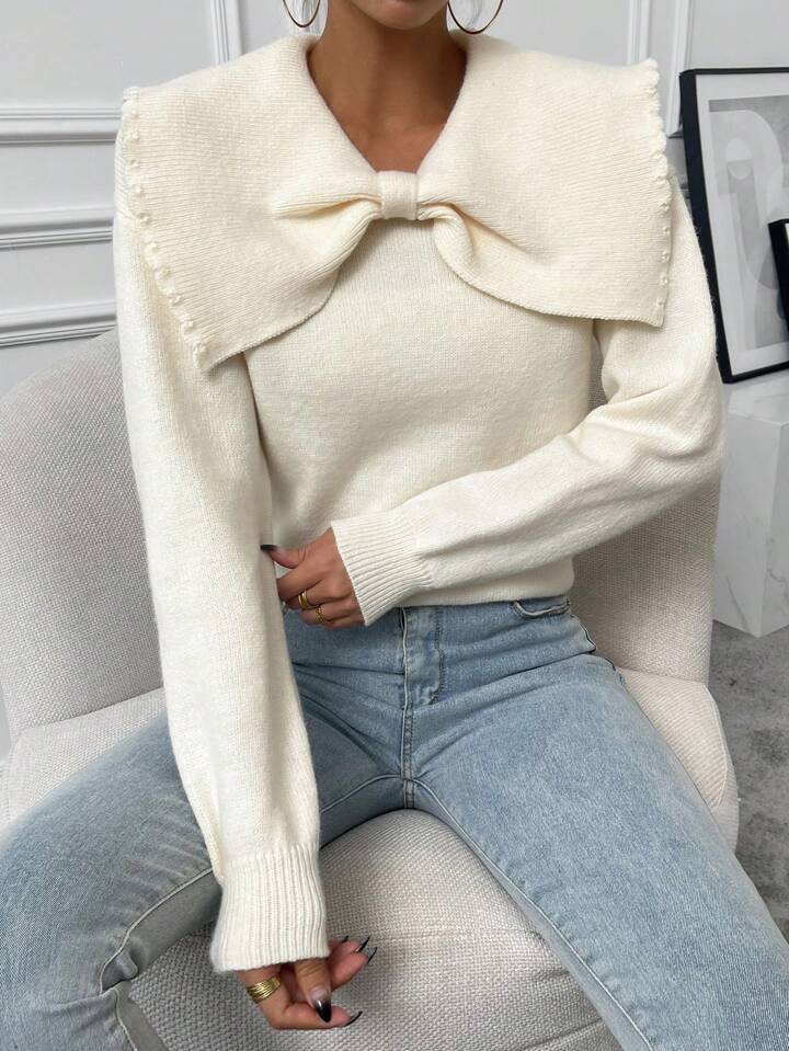 CM-CS575335 Women Casual Seoul Style Statement Collar Bow Front Long Sleeve Sweater - Apricot