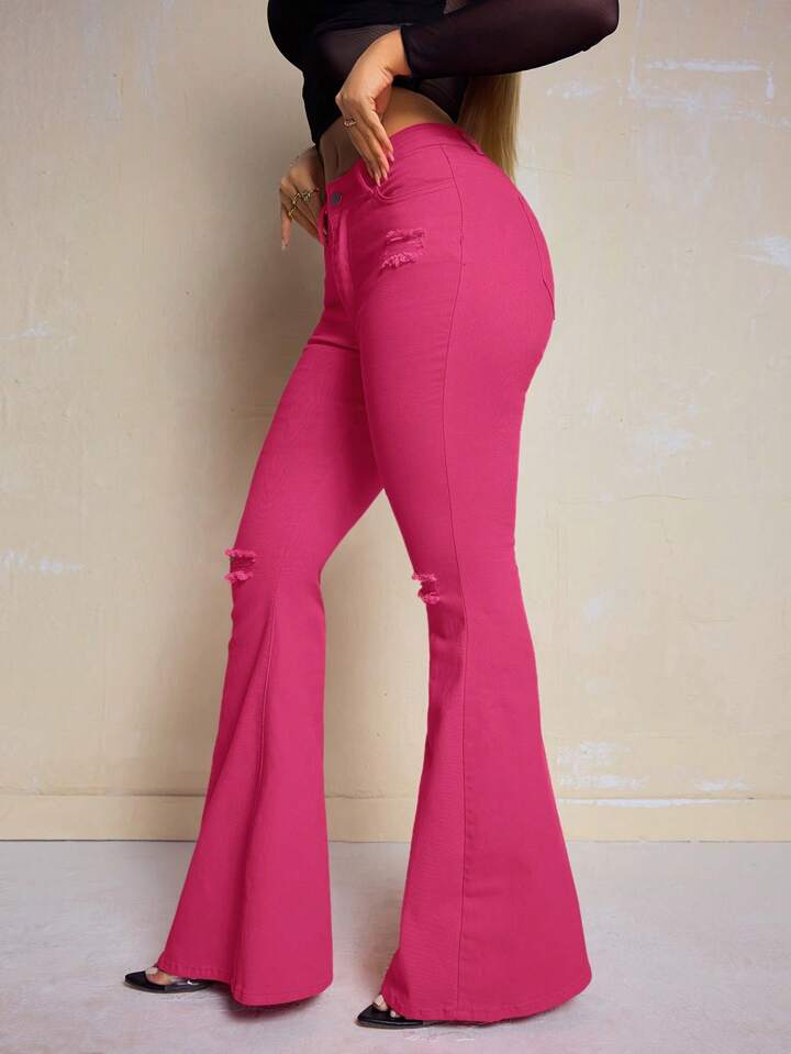 CM-BS440541 Women Casual Seoul Style Solid Color Frayed Hem Skinny Flared Jeans - Hot Pink