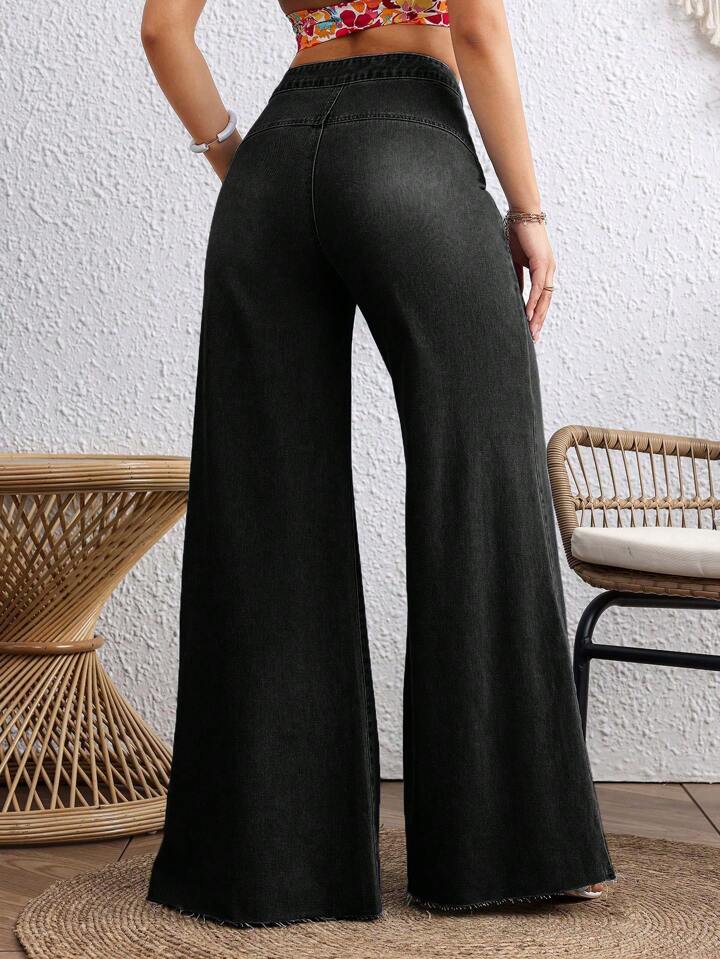 CM-BS529624 Women Casual Seoul Style Loose Button Zipper Mom Fit Wide Leg Denim Pants - Black