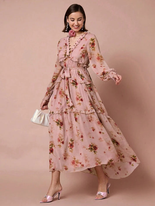 CM-DS263812 Women Elegant Seoul Style Floral Print Front Tie Ruffle Decoration Lantern Long Sleeve Dress