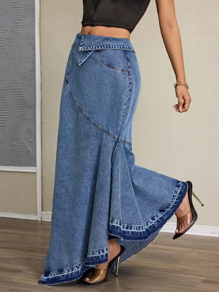 CM-BS787000 Women Casual Seoul Style Asymmetric Hem Folding Waist Denim Skirt - Blue