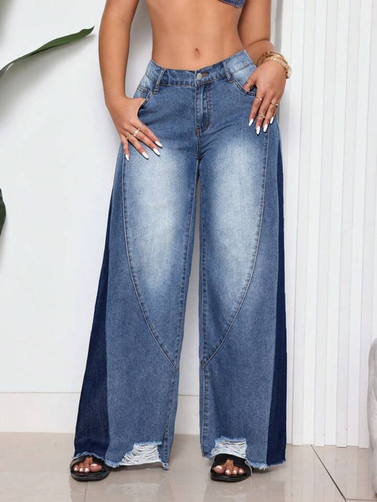 CM-BS102781 Women Casual Seoul Style Loose Fit Pocket Button Front Patchwork Denim Pants