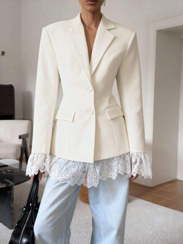 CM-CS088473 Women Elegant Seoul Style Solid Color Pocket Lace Patchwork Button Waist Blazer Jacket - Apricot