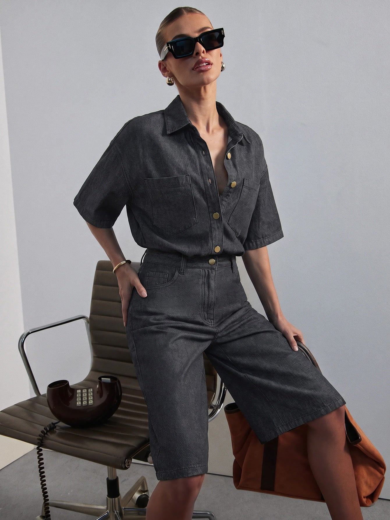 CM-JS853091 Women Casual Seoul Style Collared Short Sleeve Relaxed Denim Jumpsuit - Black