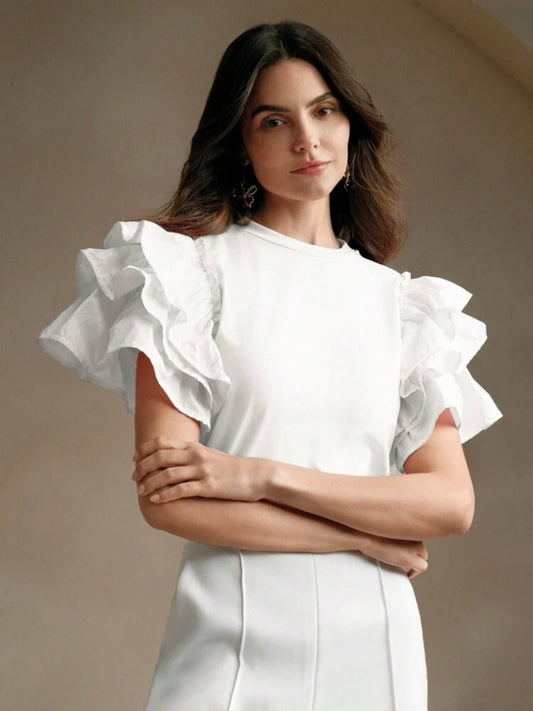 CM-TS528522 Women Casual Seoul Style Round Neck Puff Sleeve Ruffle Hem Splice Short Sleeve T-Shirt