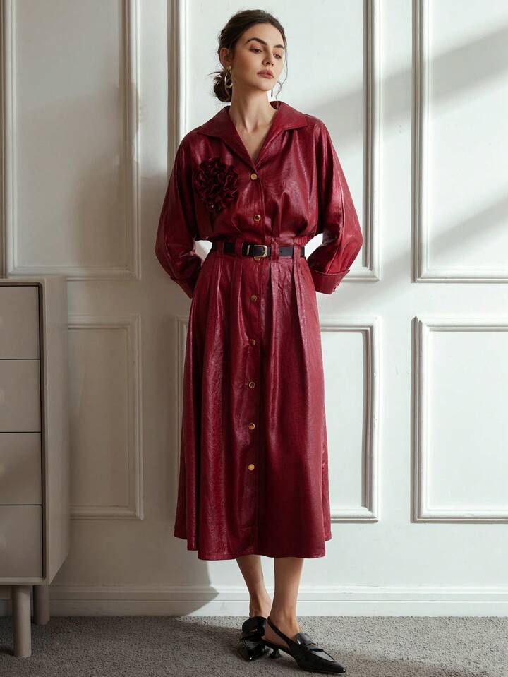 CM-DS128383 Women Elegant Seoul Style 3D Floral CollarMetallic Button Drop Shoulder Shiny Dress - Red