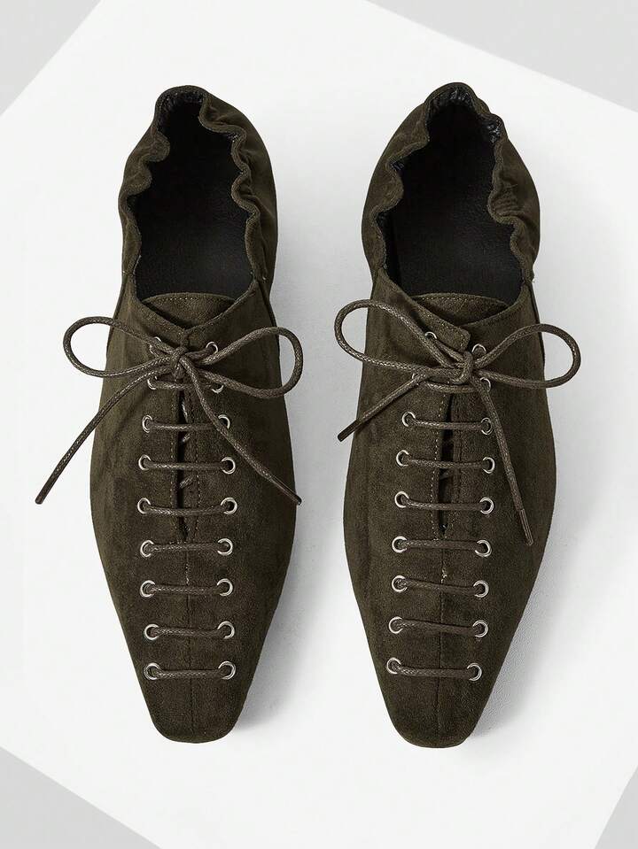 CM-SHS160503 Women Trendy Seoul Style Pointed Toe Criss-Cross Strap Low Heel Flats - Dark Green