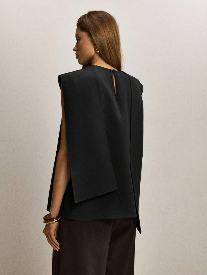 CM-TS065879 Women Elegant Seoul Style Stand Collar Sleeveless Asymmetric Hem Loose Blouse - Black