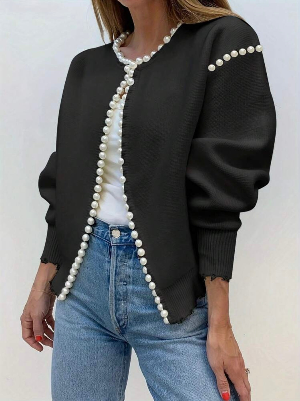 CM-CS696698 Women Casual Seoul Style Pearl Trim Distressed Hem Long Sleeve Knit Sweater - Black