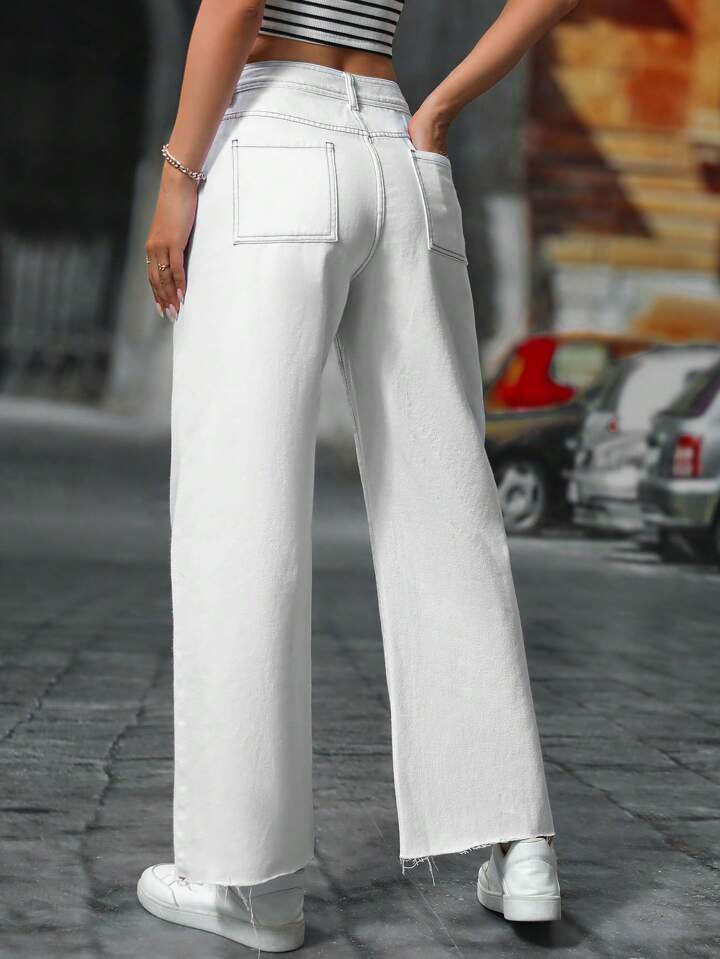CM-BS612644 Women Casual Seoul Style Solid Color Frayed Hem Straight Leg Jeans With Pockets