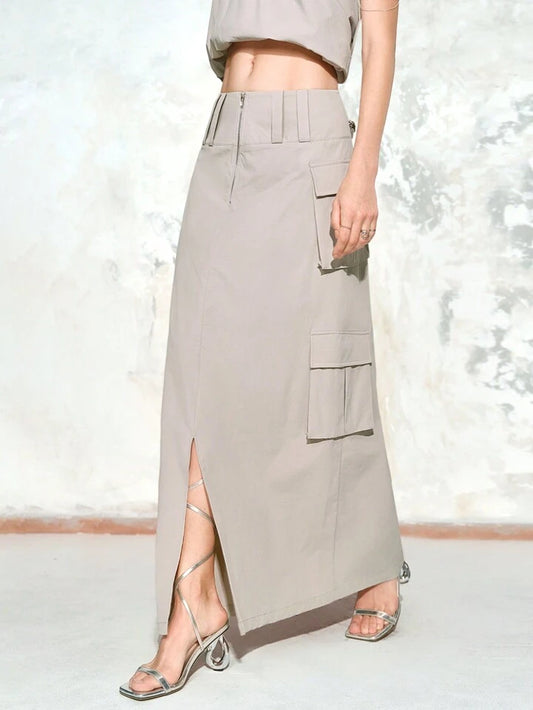 CM-BS662597 Women Casual Seoul Style Front Zipper Patch Pocket Drawstring Waist Cargo Maxi Skirt - Khaki