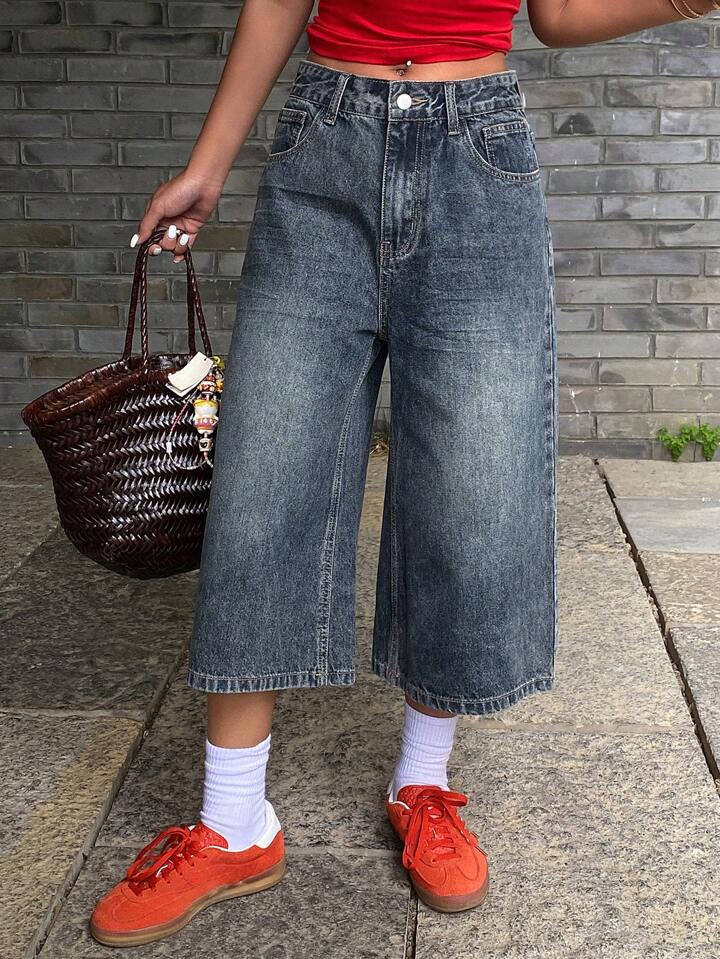 CM-BS665377 Women Casual Seoul Style Distressed Patch Pocket Wide Leg Jeans - Blue