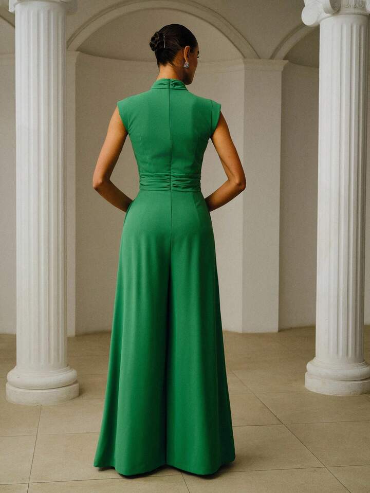 CM-JS307977 Women Elegant Seoul Style Notched Neckline Sleeveless Gathered Wide Leg Jumpsuit - Green