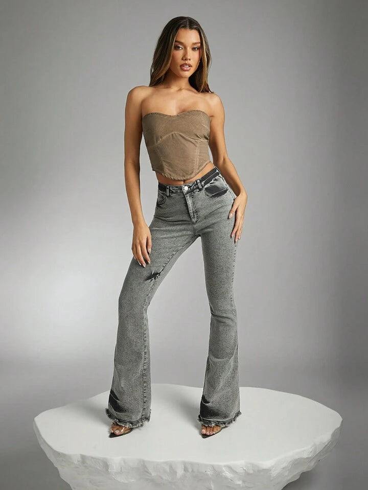 CM-BS954336 Women Casual Seoul Style Distressed Frayed Details Flare Leg Denim Jeans - Light Gray