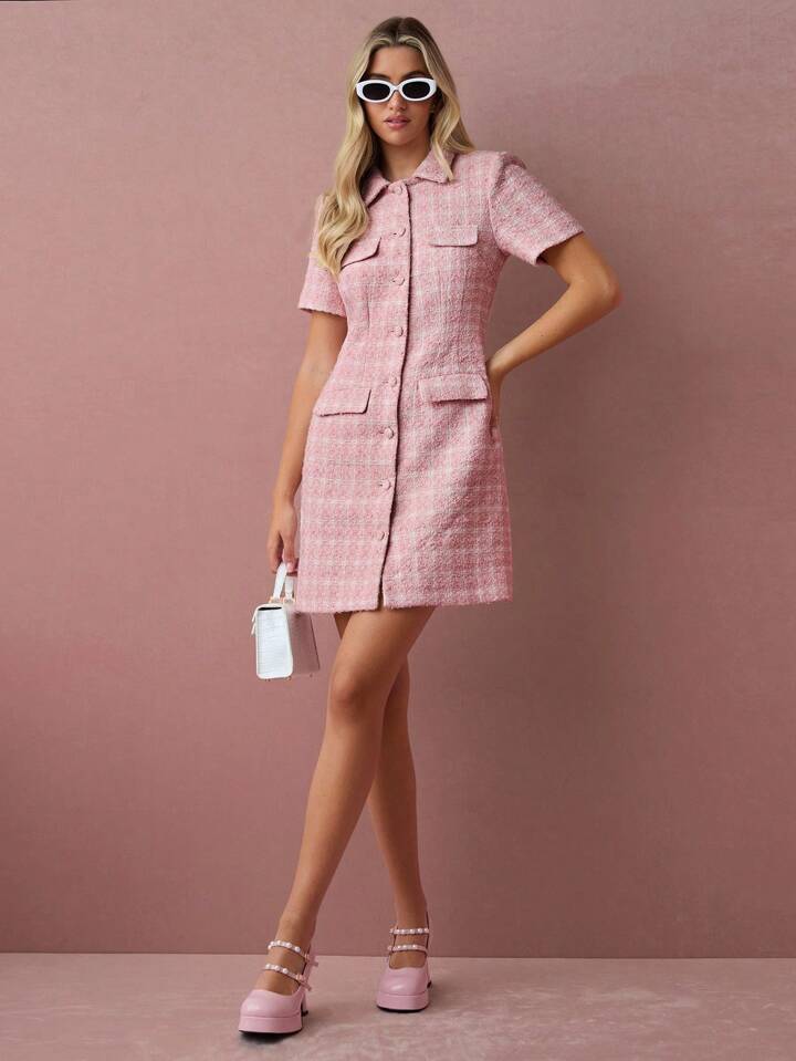 CM-DS211203 Women Elegant Seoul Style Tweed Button Front Collar Neckline Short Sleeves Mini Dress - Pink
